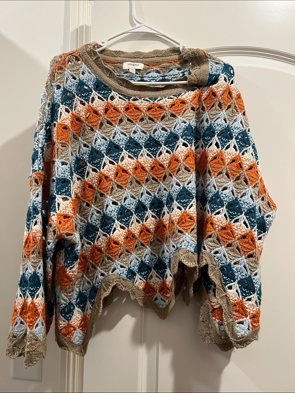 Umgee Multicolor Openwork Crochet Sweater - Orange, Teal, Beige, White